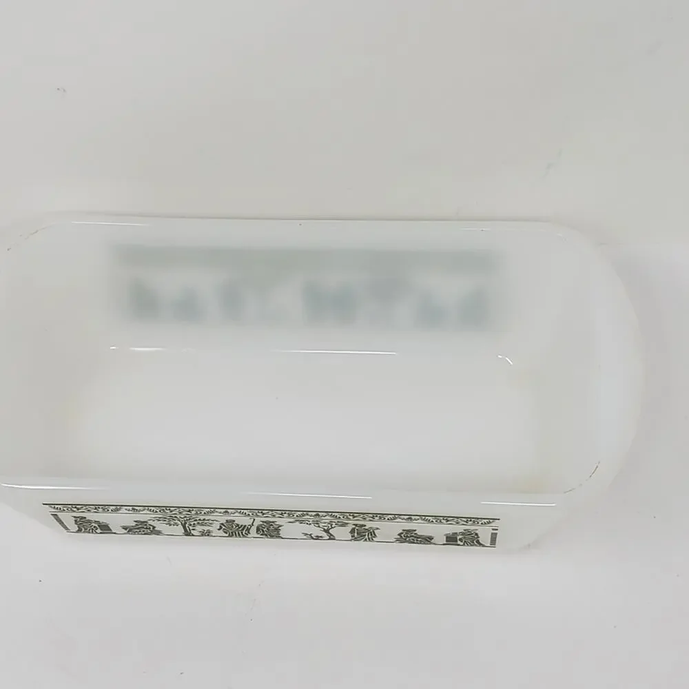 Glasbake Vintage White and Green glass Loaf pan Hellenistic Pattern Good